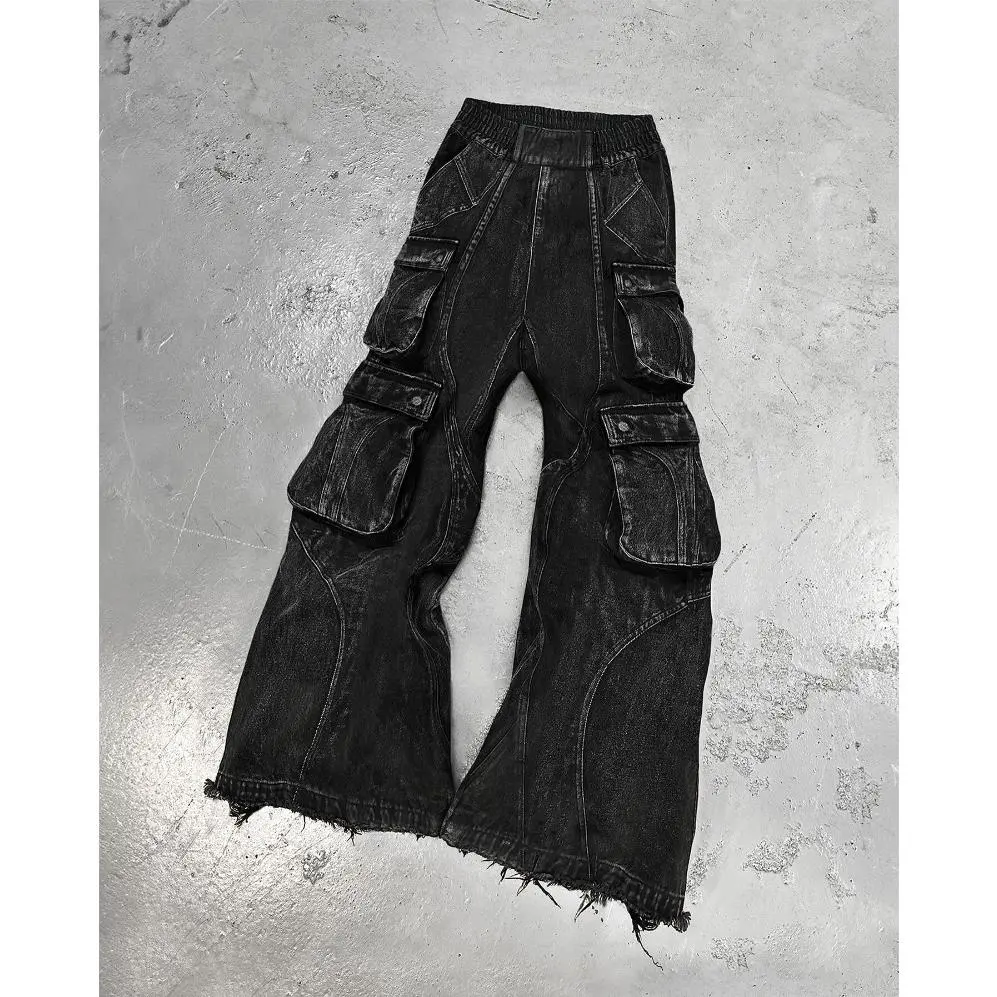 Men Y2K Rock Hiphop Dark Casual Wide-leg Trousers Streetwear New Fashion Old Washing Heavy Industry Big Pocket Black Baggy Jeans