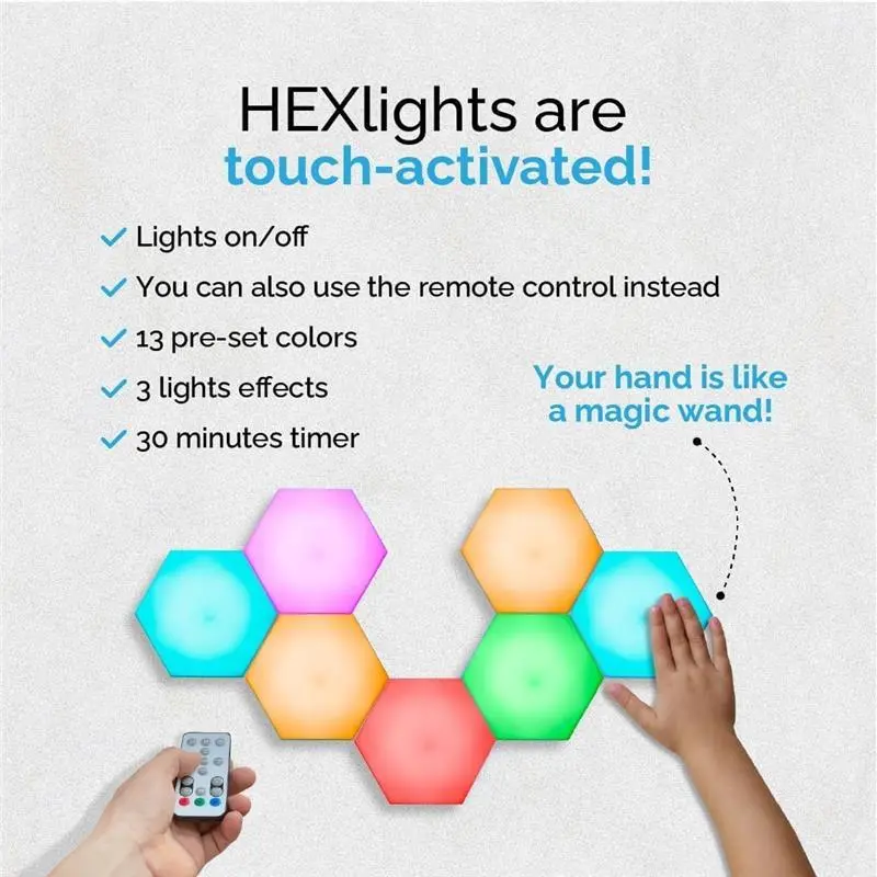 Sensory Lights, Tap Tap & Remote Control Hexagon LED Lights — 13 Colors, 7pk, Elevate Your Space With These Premium Hexagon Wall Panels — Great for Sensory Room & Gaming Lights For Bedroom 6