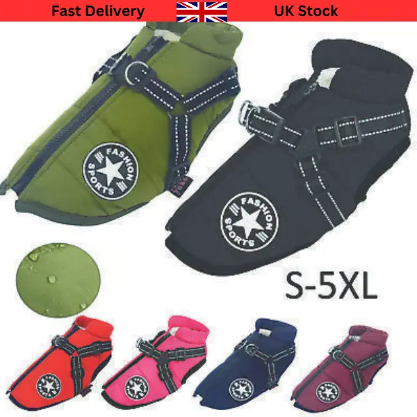 Dog Coat Waterproof With Harness Jacket Raincoat Winter Zip Coats Pet Hole Warm