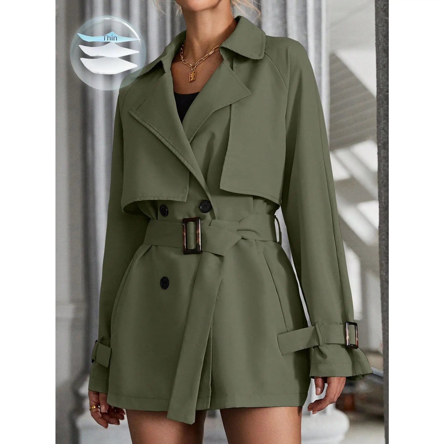 LUNE Raglan Sleeve Double Breasted Belted Trench Coat