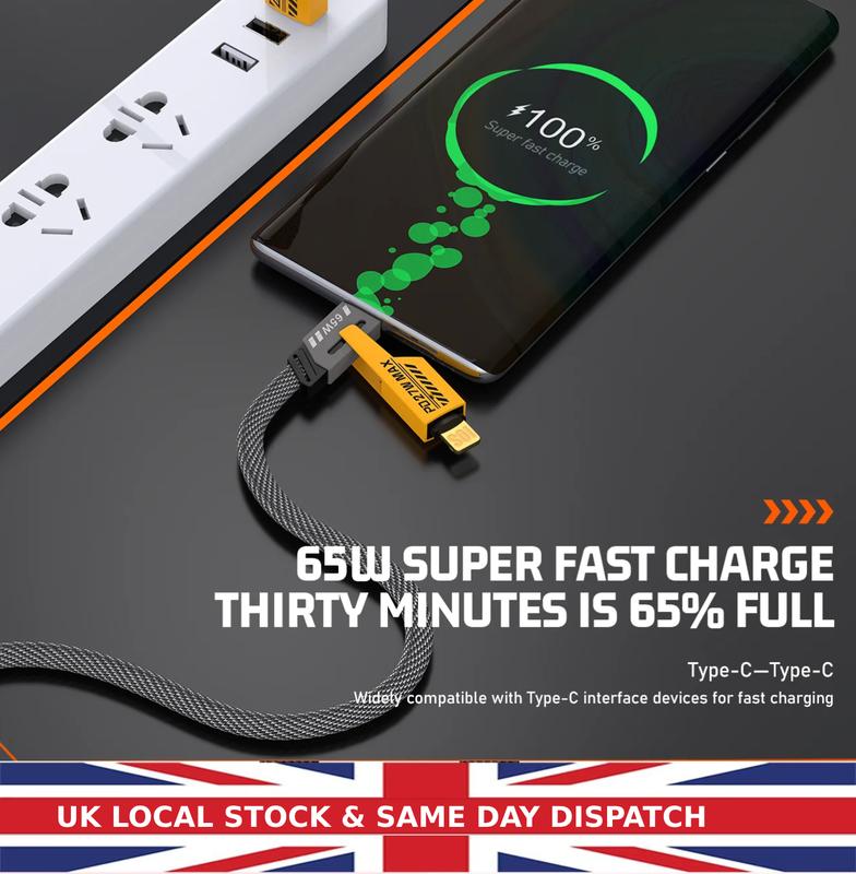 [ UK SELLER] Dual Head Type-c Data USB 4-in-1 PD 65W Fast Charging Cable Flash Charging Cable For iPhone15/14/13/12/11 Pro Max/XS MAX/XR/XS/X/8/iPad/Samsung Notebook Phone Charging Cable Smartphone Cellphone Mobile Electronic multi charger Alloy Android c 2