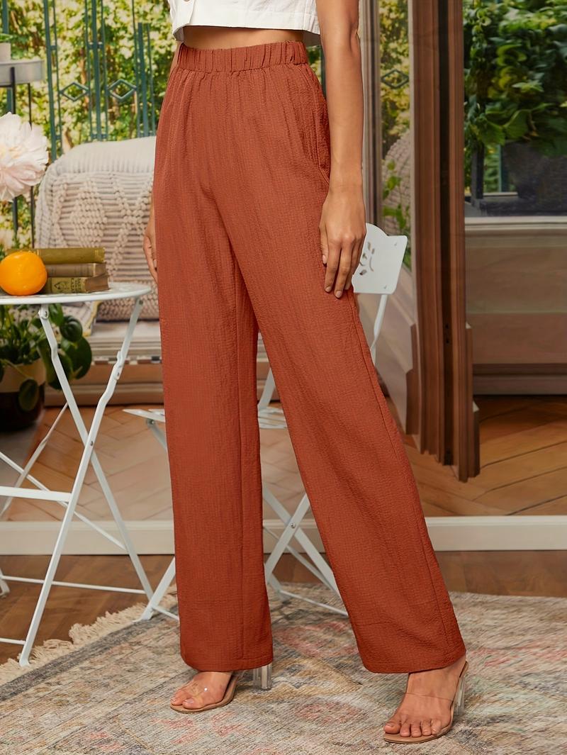 Product Introduction of Elegant Women's Navy Blue Straight-Leg Pants - High-Waisted, Textured Fabric with Elastic Waistband, Machine Washable, All-Season Comfort 6