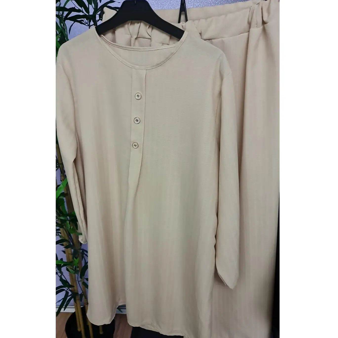 Modest Wear Linen Feel 2 Pc Co-Ord Set Round Neck 3 Button Mix Fabric Wide Leg Trouser Elasticated Cuff on Sleeve Spring/Summer 2025 Size 8-18