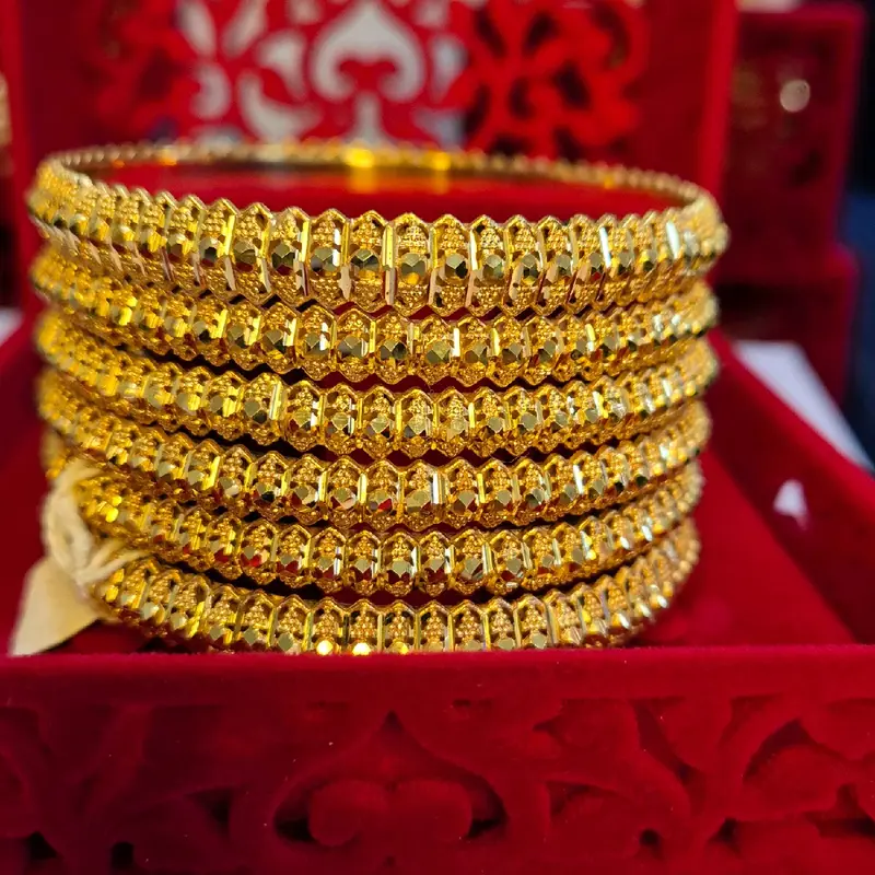 A5 -A6 New Designs 24k Original Plating Gold Look Bangles - Same Gold Style, Set of 5 Bangles size 2.4-2.12 available 3