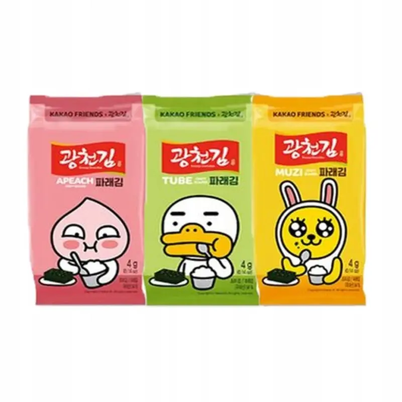 Kakao Friends Crispy Seaweed Snack 3-Pack with Sesame Oil - Apeach, Tube, Muzi Characters - Low-Calorie, Omega-3 Rich - 12g 0