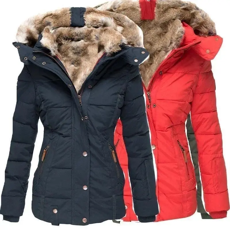 【2025】2025 Winter Warm Collar Cotton Coat Womens Zipper Long Sleeve Slim Fit Hooded Cotton Coat