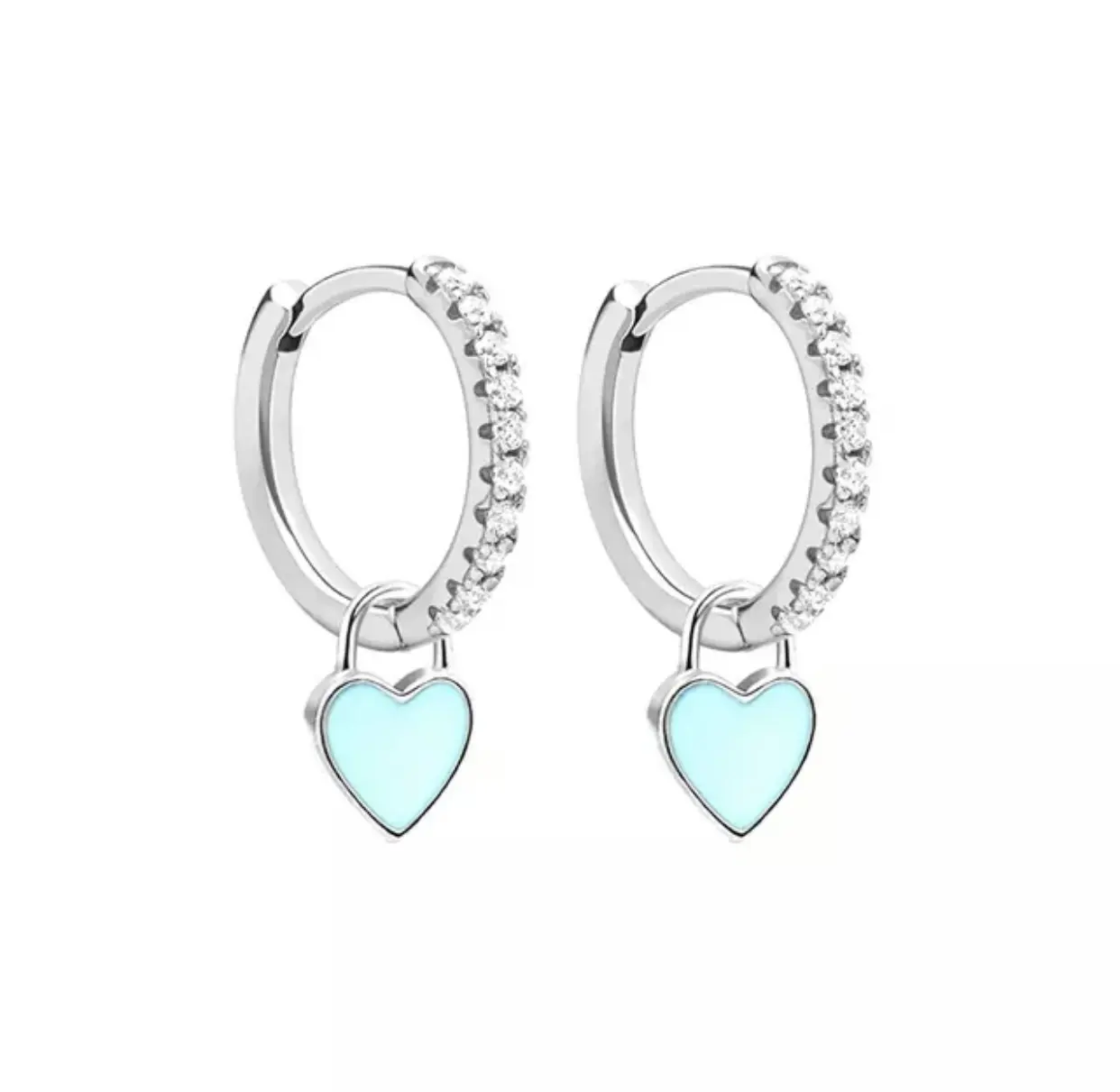 Turquoise Small Silver Heart Huggies