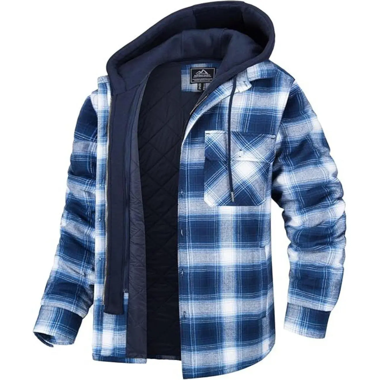 Men's Blue White Flannel Shirt Lumberjack Jacket with Removable Hood