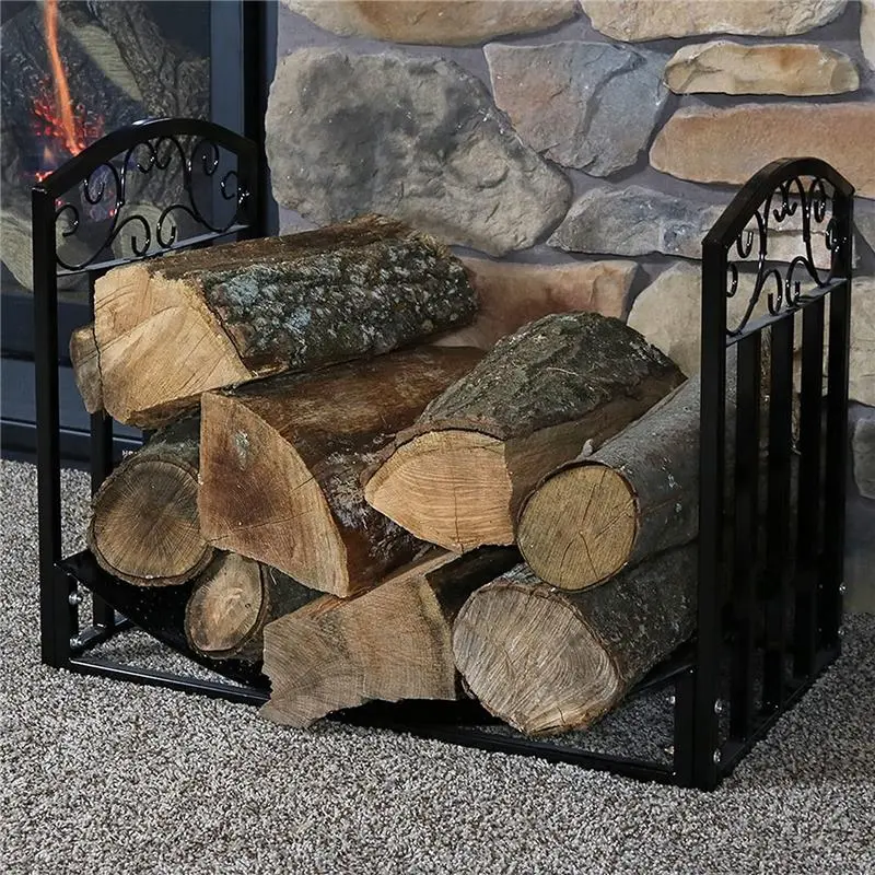 61 cm Firewood Log Storage Rack - Indoor/Outdoor Log Rack Black Powder-Coated Steel Decorative Fireplace Log Holder Metal Organiser Accessory Wooden 5