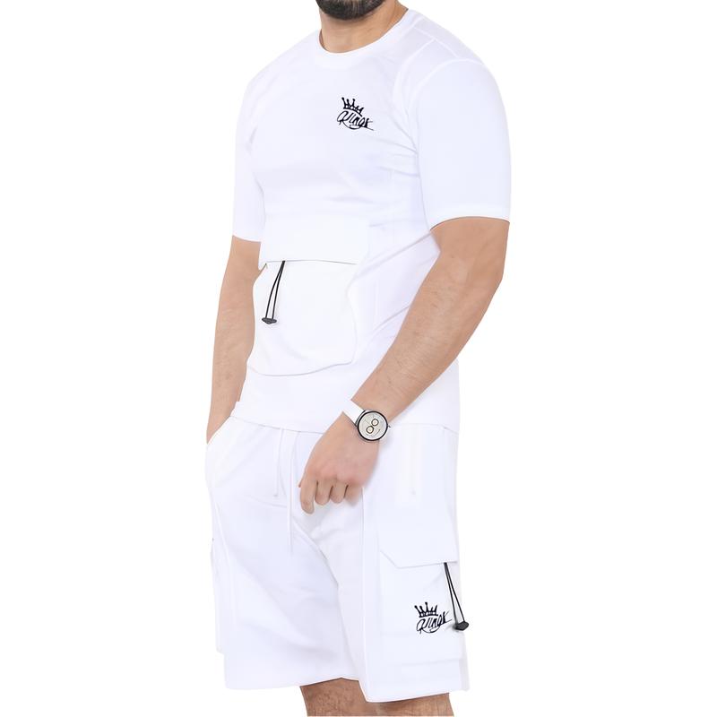 Mens Short Sleeve Short & T-Shirt Set Gym Jogging Lightweight Sweat Top Tee Chest Pocket Cargo Fleece Shorts 8