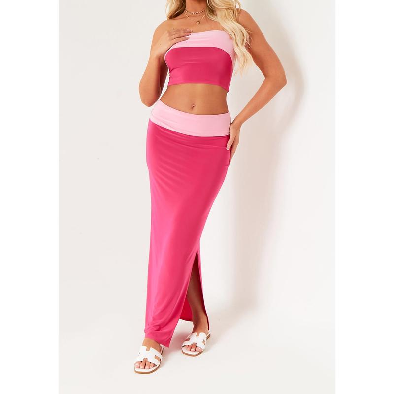 Claire Pink Contrast Fold Over Maxi Skirt 1