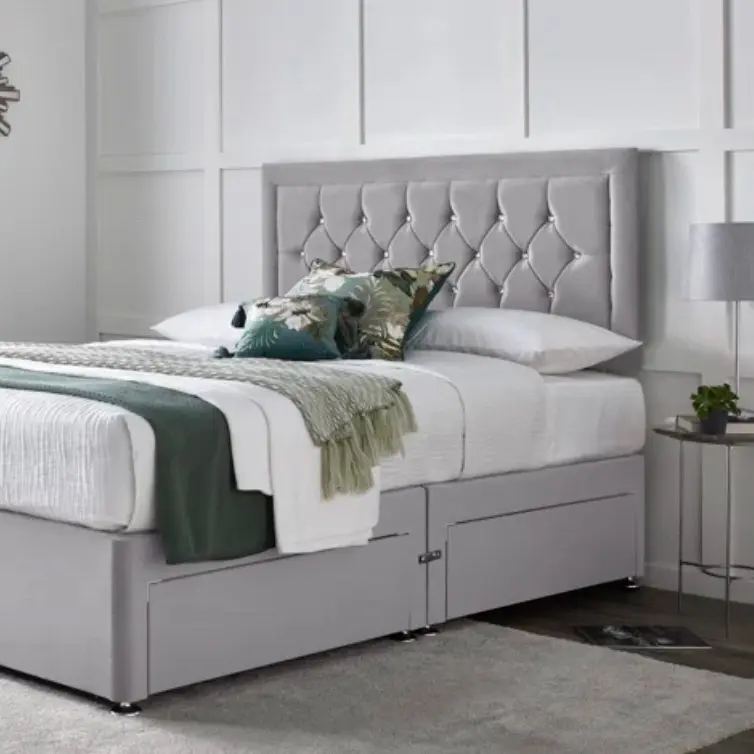 Plush Velvet Solid Divan Bed Set with Mattress and Headboard - Free 48hour 2 man delivery