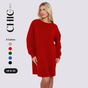 ChicHero Women's Long Sleeve Dress Brushed Jersey Casual Loose Fit Crewneck Raglan Dress Oversized Long Jersey Tops