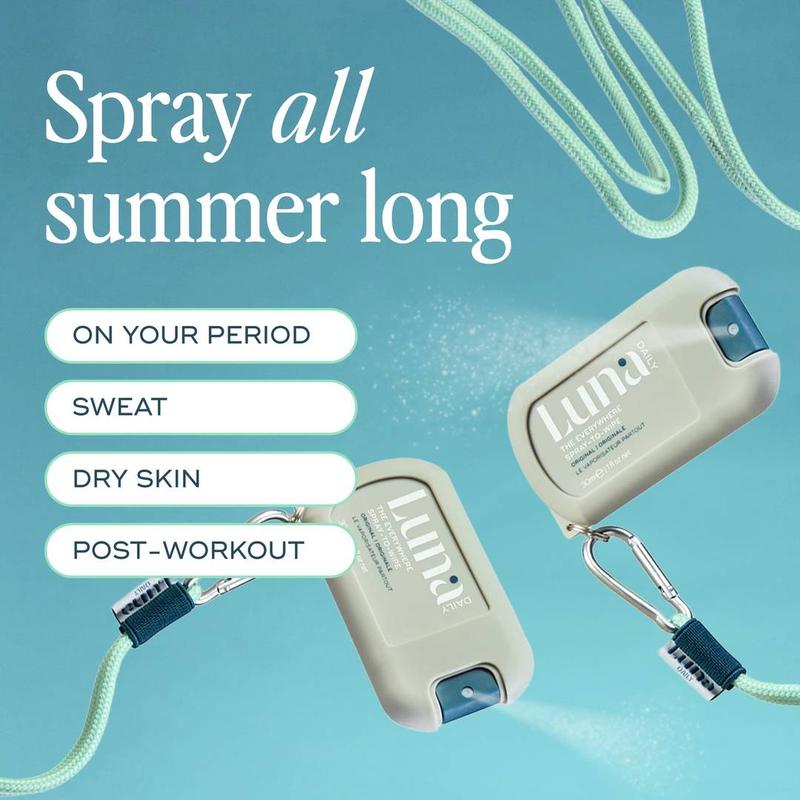 The Everywhere Spray-To-Wipe Mini + Lanyard Set - Full body cleansing spray. Powered by our [THERMA-BIOME+] complex: thermal water, prebiotics & vitamins. Go hands free with our lanyard for travel, festivals, summer trips & everywhere else. 3
