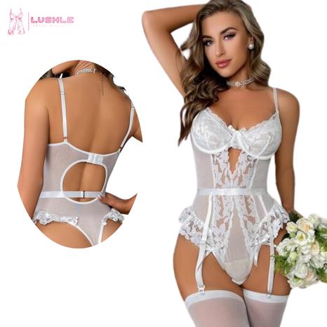 Floral Lace Bow Front Underwire Corset Teddy Bodysuit with Stockings, Lingerie Sexy Thong Womenswear Bra christmas  lingerie Elegant Mesh 1