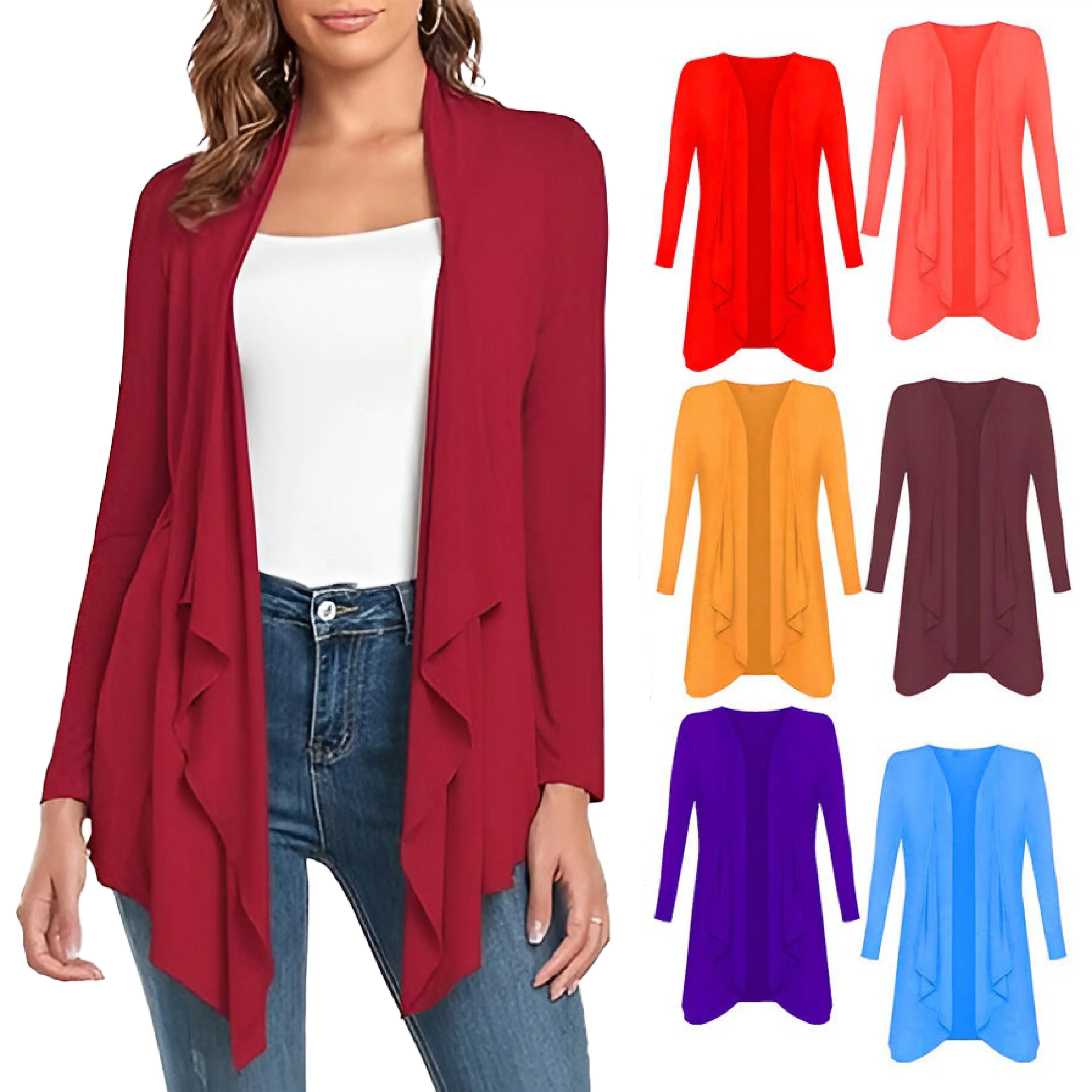 Plus Size Womens Plain Long Sleeve Waterfall Boyfriend Open Cardigan Ladies Hanky Hem Jersey Top UK 8-26