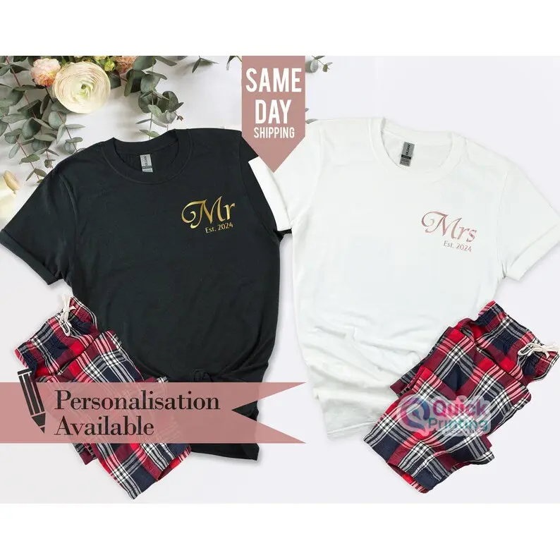 Personalized Mr and Mrs T-Shirt, Couple Christmas Pyjamas Shirts, Bride and Groom Est, Wife And Husband Shirt, Just Married T-Shirt