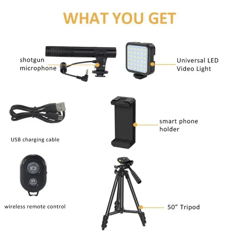 Smartphone Video Vlogging Kit with LED Light, 1 Piece Starter Kit with Mini LED Light & Cardioid Microphone & Phone Clip & Tripod for Live Broadcasting, Video Calling, Compatible with iPhone, Android Accessories Compact Selfie Recording 8