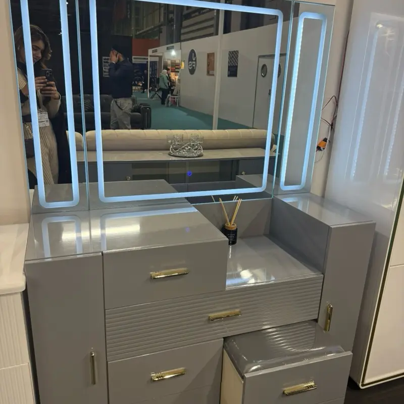 VANITY DRESSER TABLE - DRESSING TABLE + STOOL + LIGHT MIRROR WITH STORAGE DRAWERS - GREY GOLD , BLACK GOLD OR WHITE GOLD