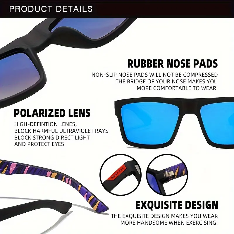 1pc Polarized Sports Glasses for Men, TAC Lens, PC Frame, Classic Square Design, Full Coverage, UV Protection, for Driving, Camping, Cycling, Hiking, Fishing, Climbing, Outdoor Activities 6