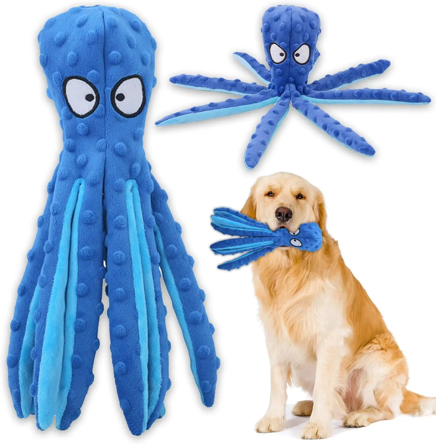 Squeaky Dog Interactive Play Toy,No Stuffing Octopus Dog Chew Toy with Crinkle Paper for Medium and Large Dog Playing(Blue)