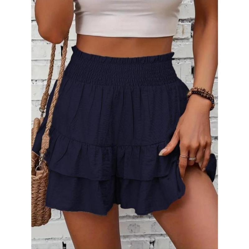 Women's Frill Trim Ruffle Hem Shirred High Waist Shorts, Boho Casual Tiered Layer Shorts for Spring & Summer, Summer Shorts for Women, Back To School, Ladies Elegance Minimalist Shorts, Wide Leg Shorts for Women, Ruffle Shorts 2