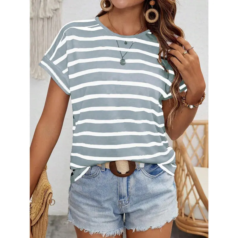 LUNE Women's Summer Striped & Printed Round Neck Batwing Short Sleeve Casual T-Shirt Graphic Tees Women Tops Fabric Fit 6