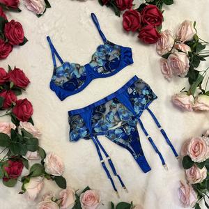 Liliosa Lingerie BlueBell Elegant Floral Embroidered Satin Lingerie Set (Bra -clasp + garter - clasp + pants - adjustable) Comfortable Breathable Mesh Sheer Fabrics, Elegance Multicolor Belt , Everyday Womenswear Matching Fit, Sexy Thong, Summer Sets