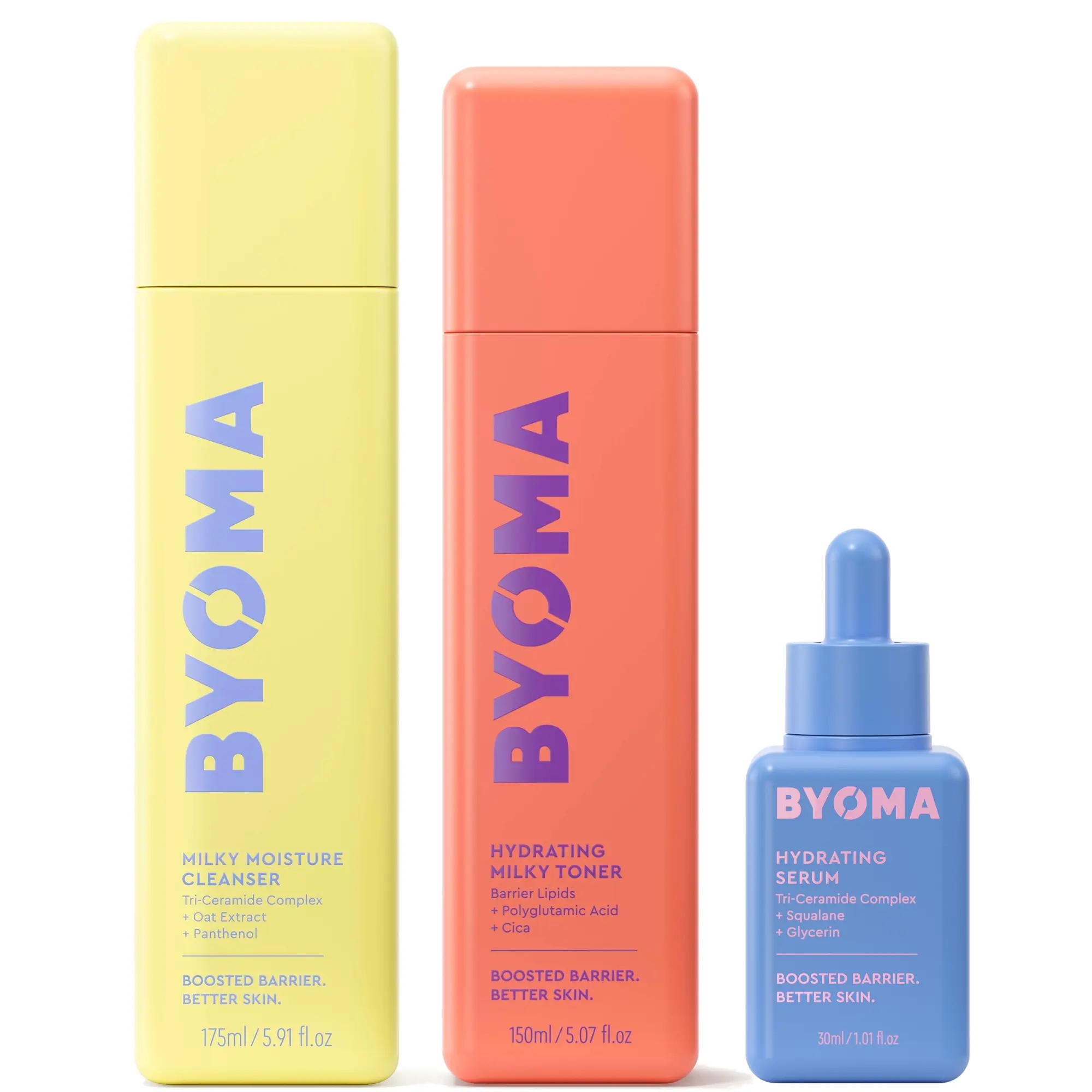 BYOMA Skincare Bundle: Milky Moisture Cleanser 100ml, Hydrating Milky Toner 150ml & Hydrating Serum 30ml for Skin Repair Set Blend Nourishing Soothing