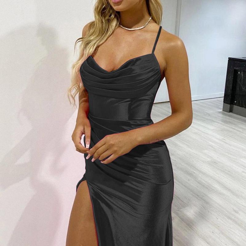 Product Introduction of Summer Women's Sexy Vintage Tulle Long Dress  Spaghetti Strap Satin Pleated Low-cut V Neck High Split dress Party Gown Ball 6