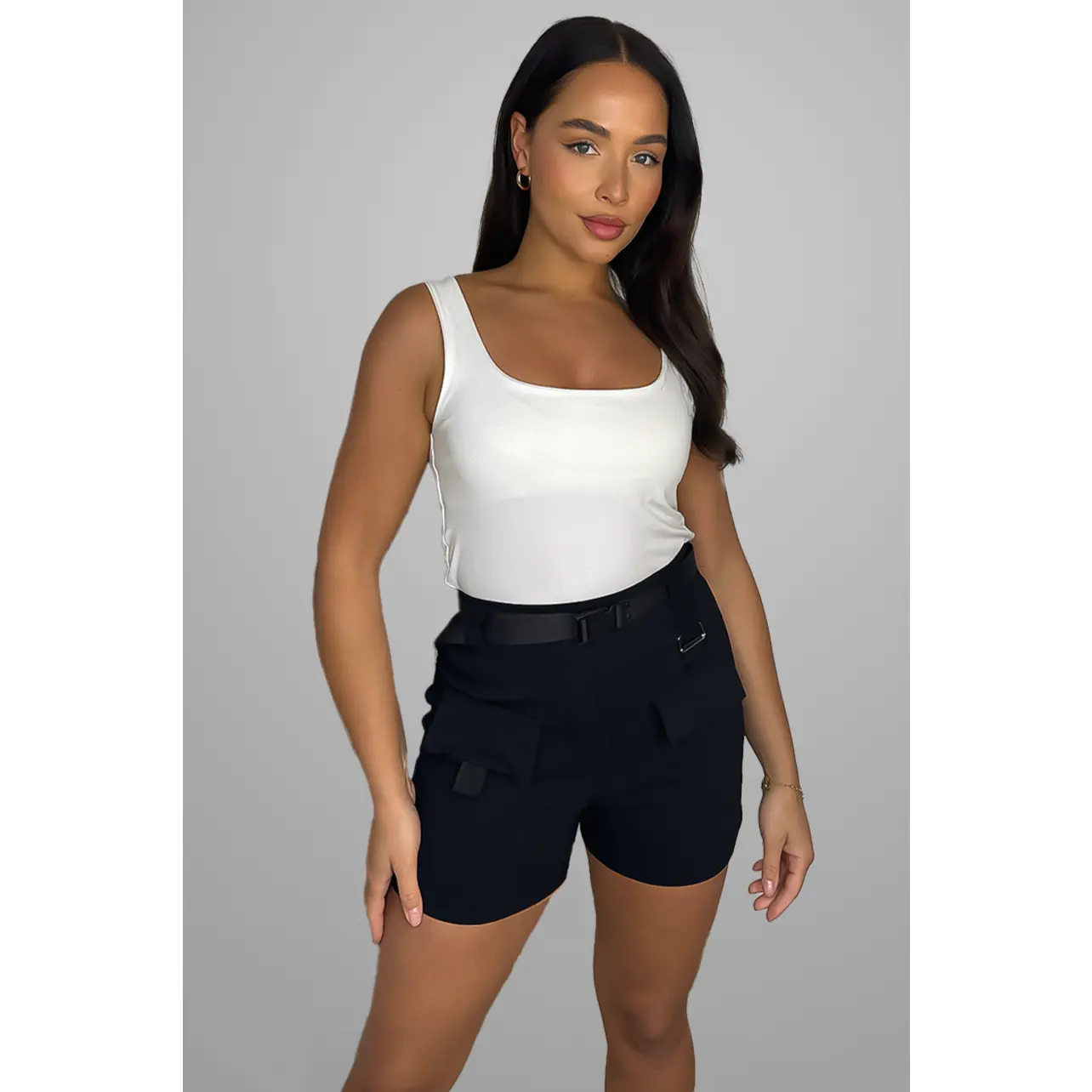 Stretchy Belted High Waisted Cargo Pocket Shorts  UK 8 - UK 14