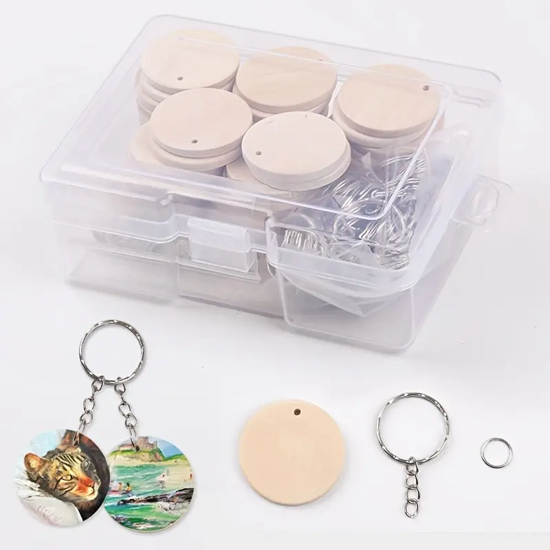 50pcs DIY Wooden Round Pendant Keychain Making Kit - Create Your Own Customizable Keychain Accessories with Key Rings - Perfect for Craft Enthusiasts and Gift Giving 5