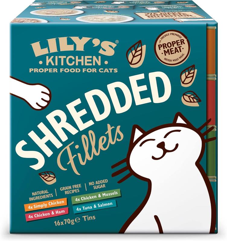 Lily's Kitchen Shredded Fillets Multipack - Grain Free Natural Adult Wet Cat Food - Chicken, Chicken & Mussels, Chicken & Ham, Tuna & Salmon (16 Tins x 70 g) 0