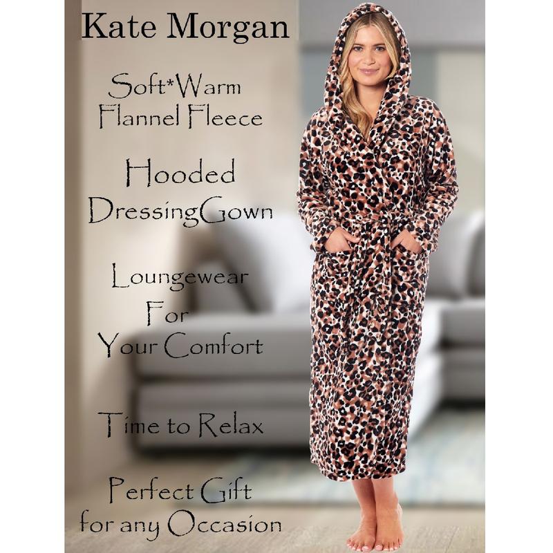 KATE MORGAN Womens Hooded Dressing Gown Loungewear Fleece Robe Leopard Ideal Ladies Gifts UK sizes 8-10 12-14 16-18 20-22 2