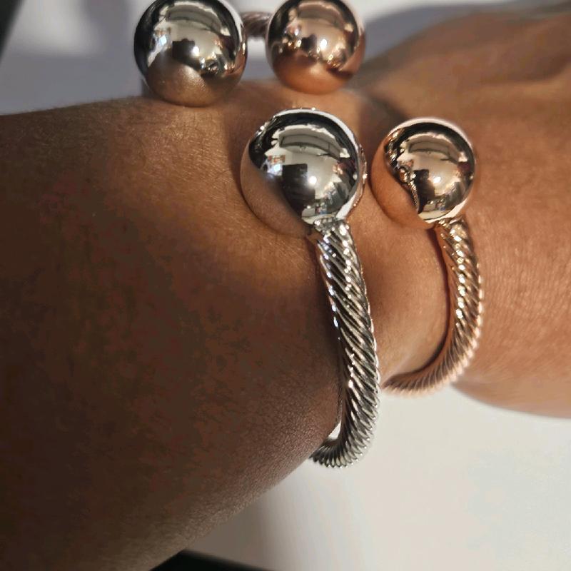 Women's  Stainless Steel Double Ball Chunky Cuff Bangle - Available in silver and rose gold colour 3