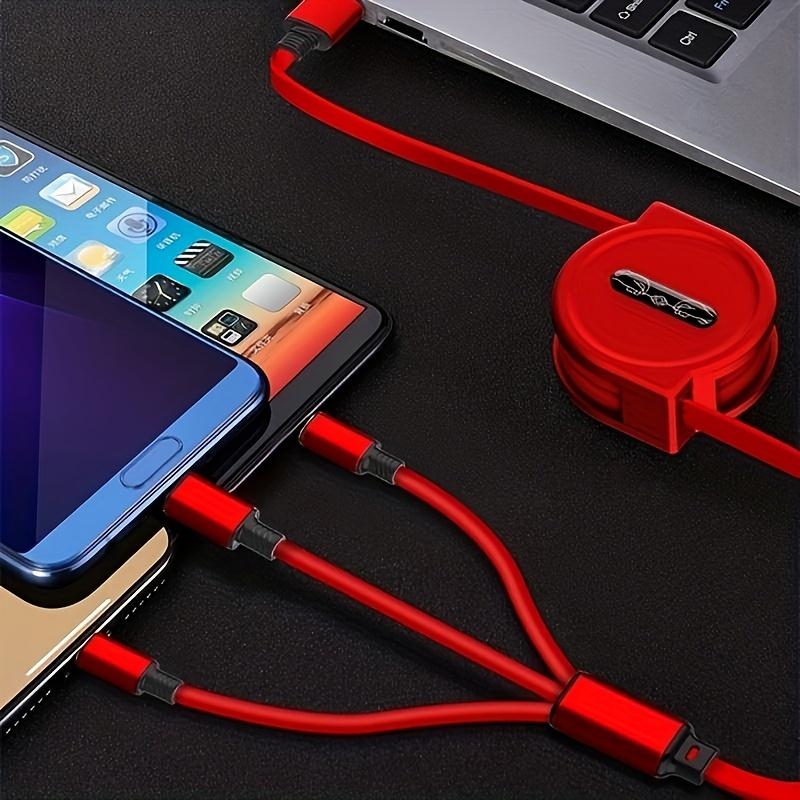 3-in-1 Retractable USB Cable - Flat Silicone, Male to Male, Universal Compatibility with iPhone, Android, Type-C, Micro USB - Portable Charger, 10-20W Power, No Battery, USB Powered 2