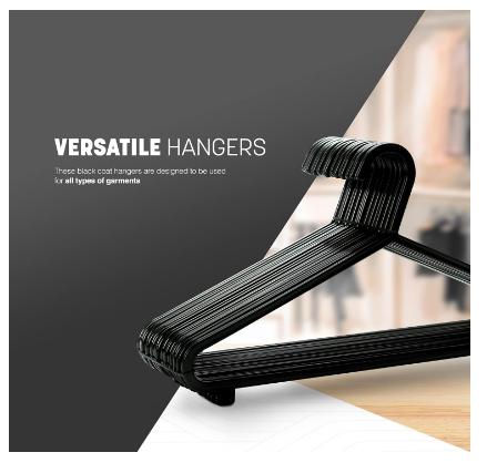 Adult Plastic Coat Hangers - 25pk, Black Colour, Strong Clothes Hangers for Clothes Rail & Closet, Clothing Hanger with Suit Pants Trouser Bar and Clips, Space Saving, 37.5 cm Wide 3