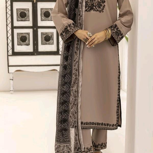 Brown 3pc embroidered chiffon lawn dresses with Printed Dupatta Cotton Embroidery Womenswear 1