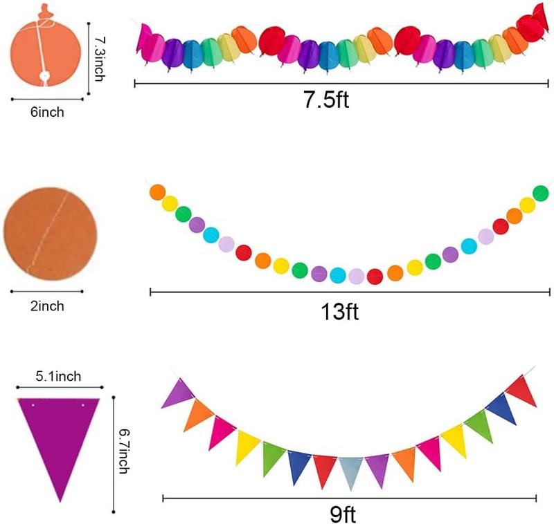Party Decoration Kit, Reusable Rainbow Party Decorations Hanging Paper Fans Pompoms, Festival Party Decorations, Hanging Swirls, Triangle Bunting Flags for Adults Girls & Boys 4