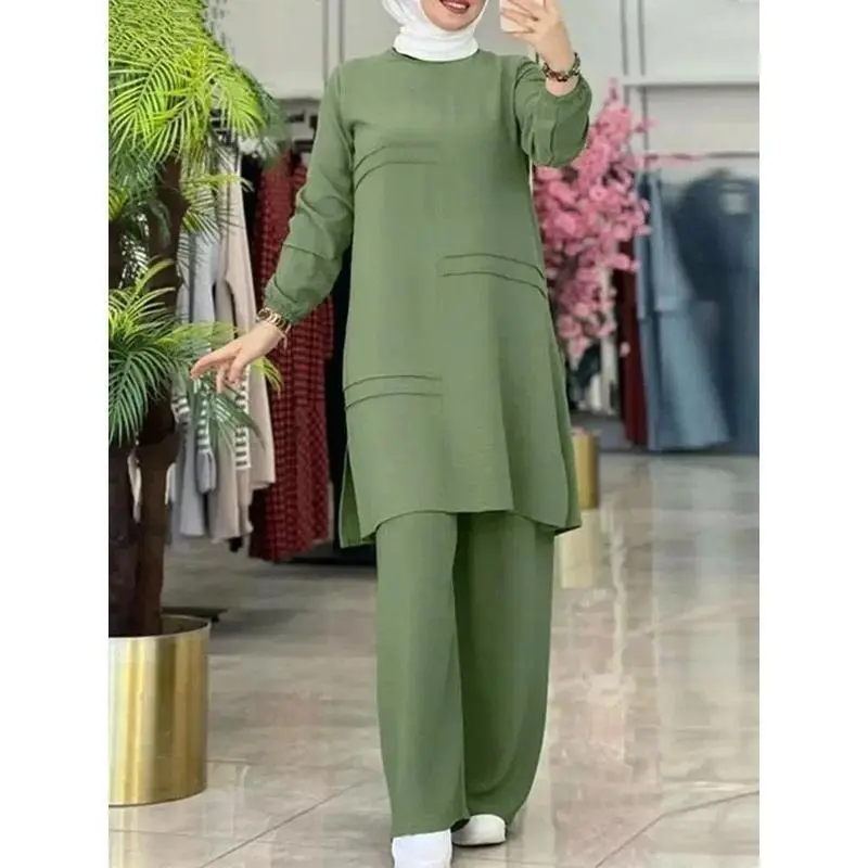 Ramadan Two Piece Sets Shirt Dress &Pants Women Muslim Suits Shirt Blouse Musulman Ensembles Moroccan Kaftan Islamic Dress Sets