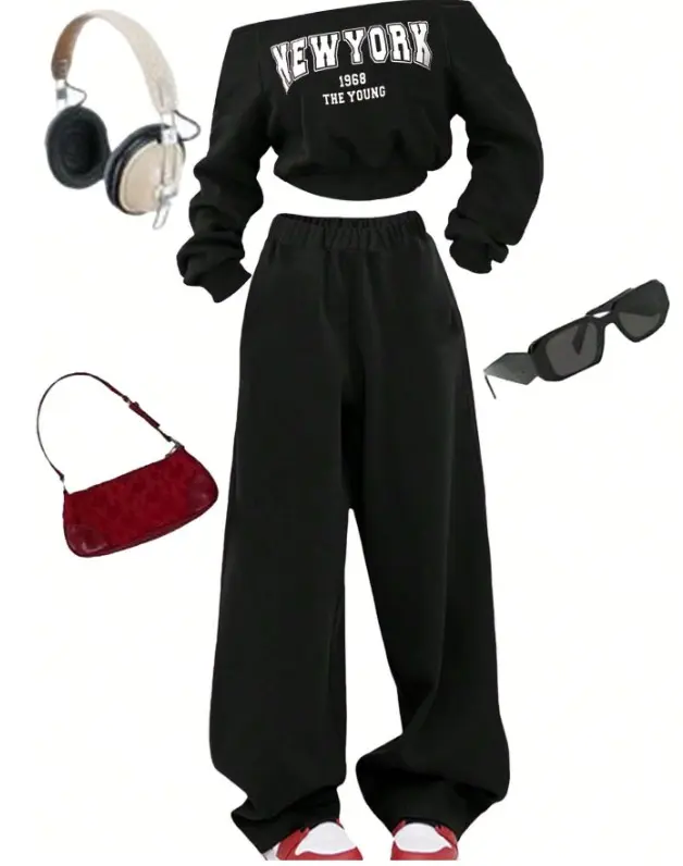 Kids 2pcs/Set Teenage Girls Casual Off-Shoulder Sweatshirt And Sweatpants Set 0