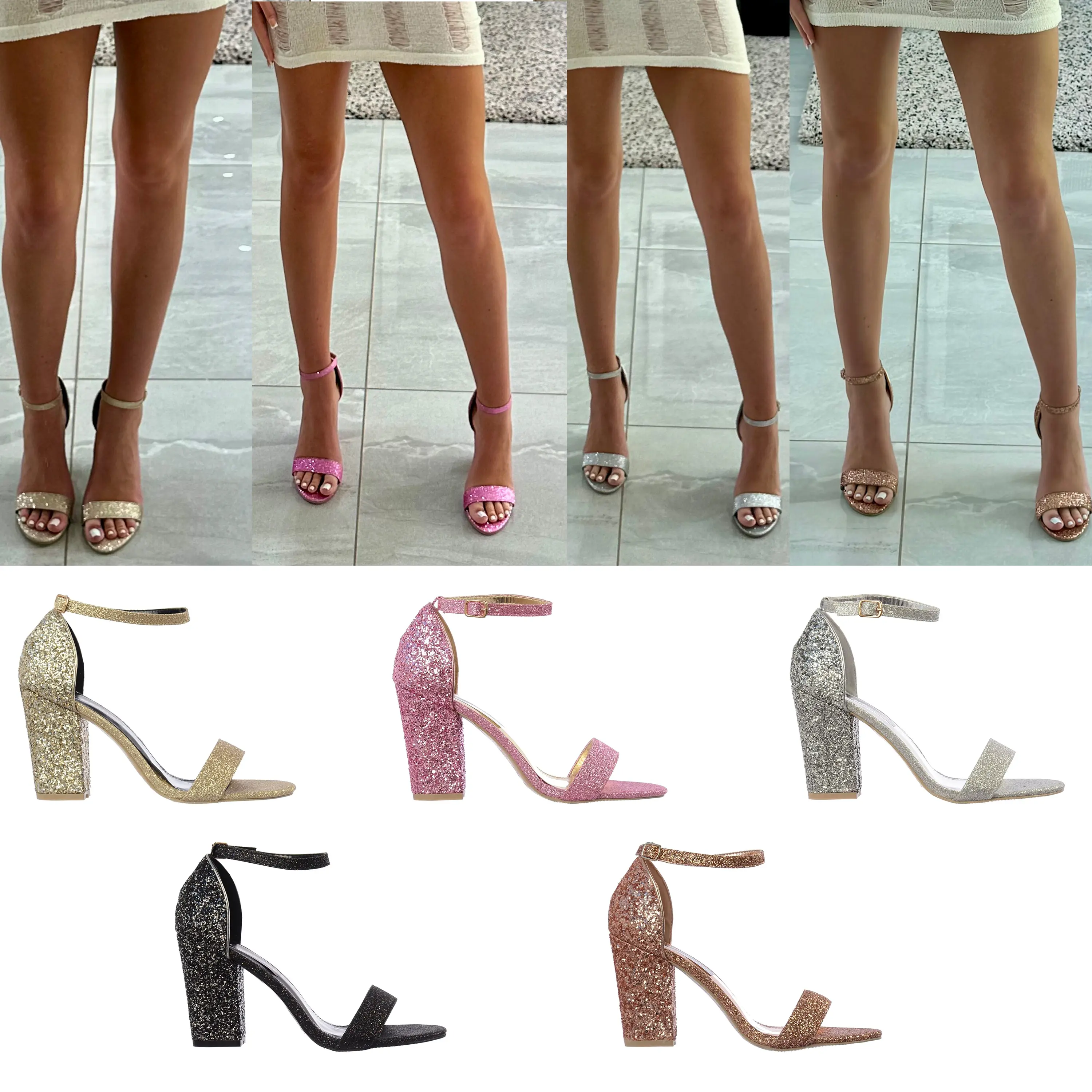 Womens Strappy Glitter Party Prom Block Heel Ankle Strap Gold Silver Black Pink Rose Gold Fashion Classy Heeled High Heel High Heels Elegant Stylish Footwear Walking Shoes Shoe Comfort Design Girl Decor Buckle women comfy going out sparkly Summer Sandal