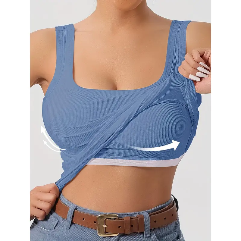 Solid Color Scoop Neck Tank Top, Casual Sleeveless Removable Chest Pad Slim Tank Top For Summer, Women's Clothing 2