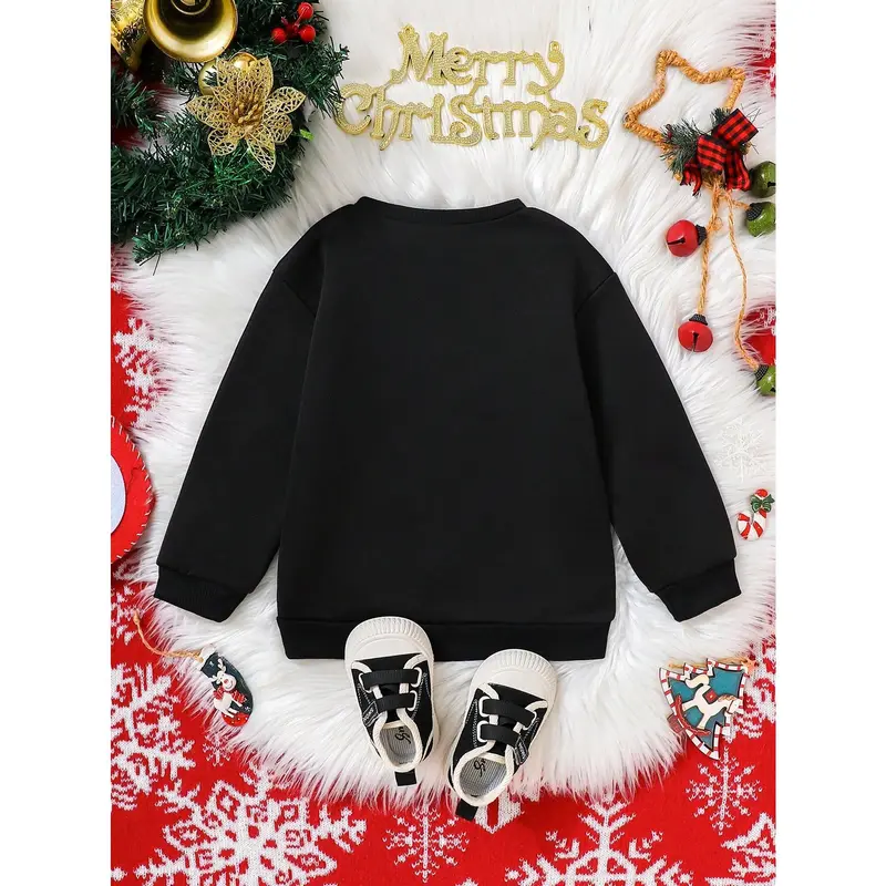 1pc Black Young Girl Thick Fleece Crew Neck Long Sleeve Sweatshirt With Snowman & Santa Hat Christmas Pattern, Suitable For Daily Wear, Parent-Child Activities And Christmas Party In Autumn & Winter 1