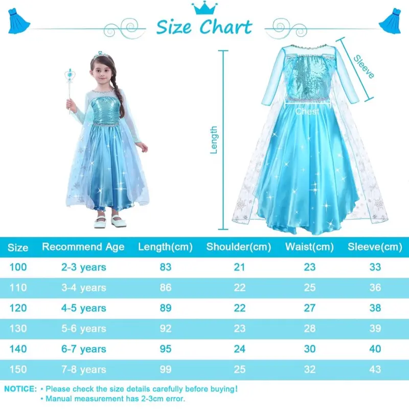 Elsa Costume Princess Dress, Elsa Dress with Wand and Crown Tiara Size 4-5years 6