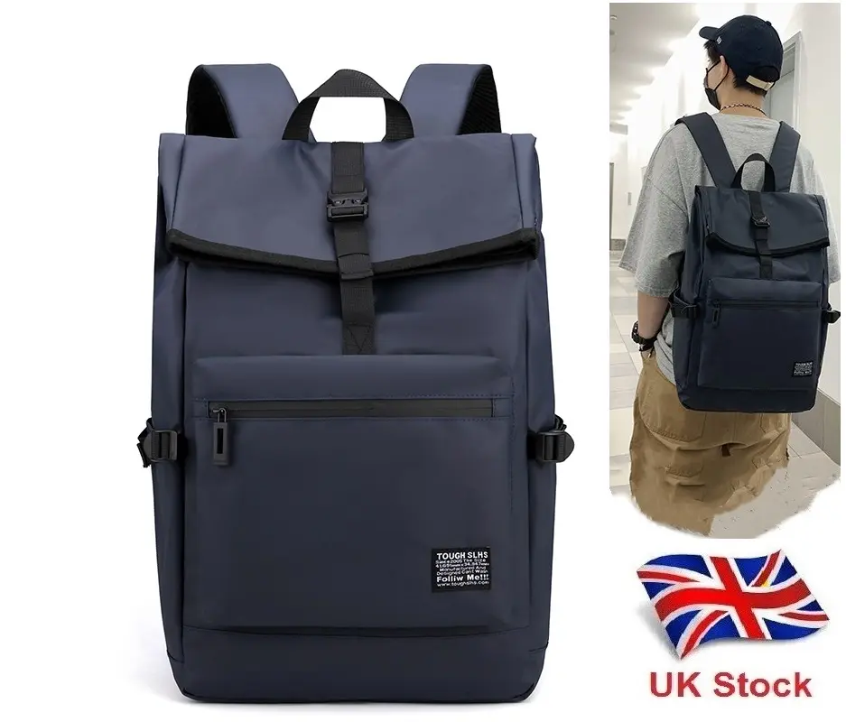 UK Stock Mens Boys Large Fashion Roll Top Backpack Rucksack Waterproof Trendy College University School Bags Rucksack Black Blue Grey