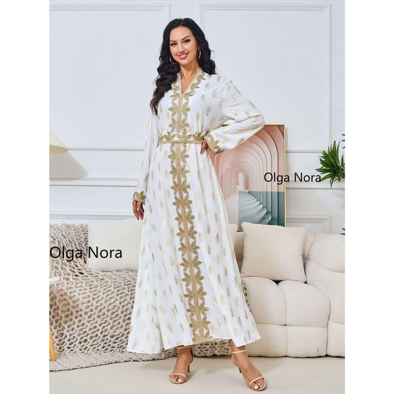 OLGA NORA ON1425ON Long Length Home Robe White Gold Plated Elegant V-neck Dress for 5'4-5'9 regular sleeve casual abaya  lover 5