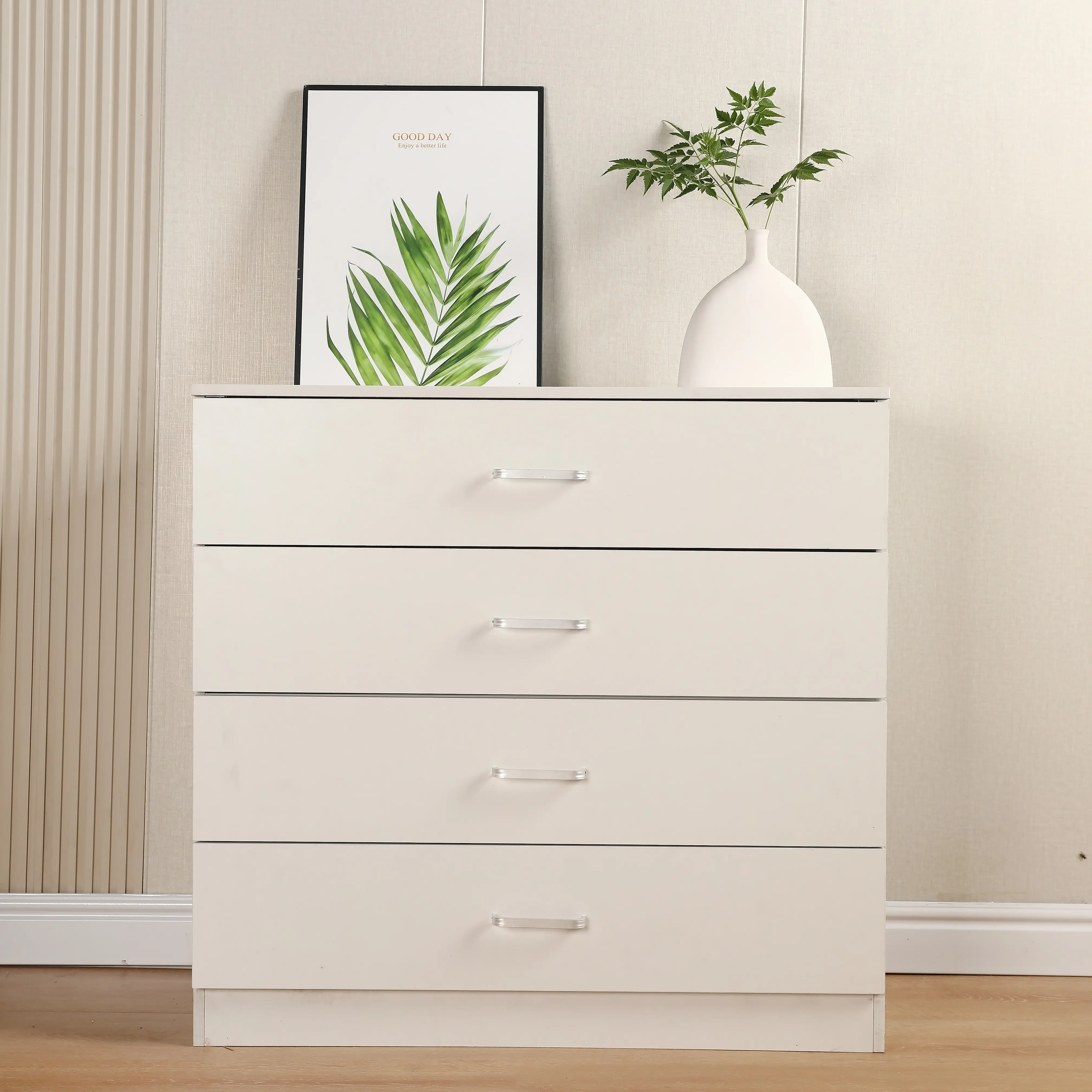 Chest of 4 Drawers Bedside Table Metal Handles and Runner Modern Strong Sturdy Design Anti Bowing Drawers