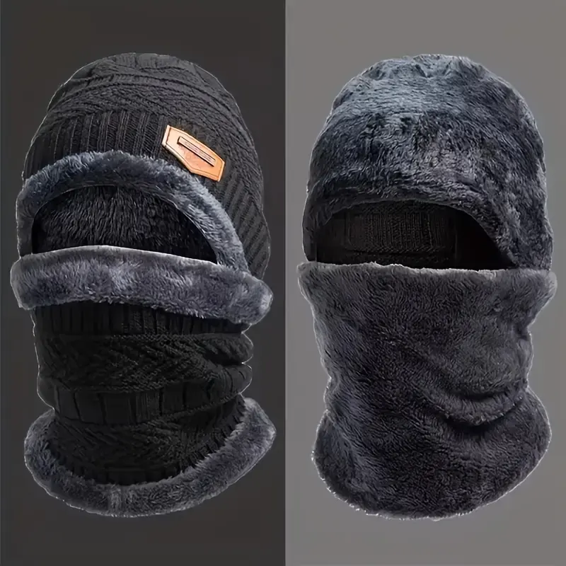 Men's Comfortable Knitted Hat + Scarf + Warm Gloves Three-piece Set - Thickened and Warm Fleece Lining Winter Accessories, Letter Patch Style Warm Hat and Warm Faux Sheepskin Scarf and Winter Men's and Women's Faux Sheepskin Full Finger Gloves 4