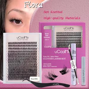 uCoolMe Lashes Flora With Ultra thin Band DIY Eyelash Extension Kit Bond and Seal Eyelash Glue and Lash Remover Beginner Friendly Individual Lashes Waterproof and Long lasting Makeup For Girl Cosmetics Wispy Eyelashes Wet Look
